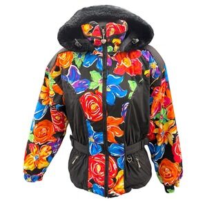 OBERMEYER Vintage Floral Ski Jacket Thermolite Insulated Hooded Coat Women 6‎